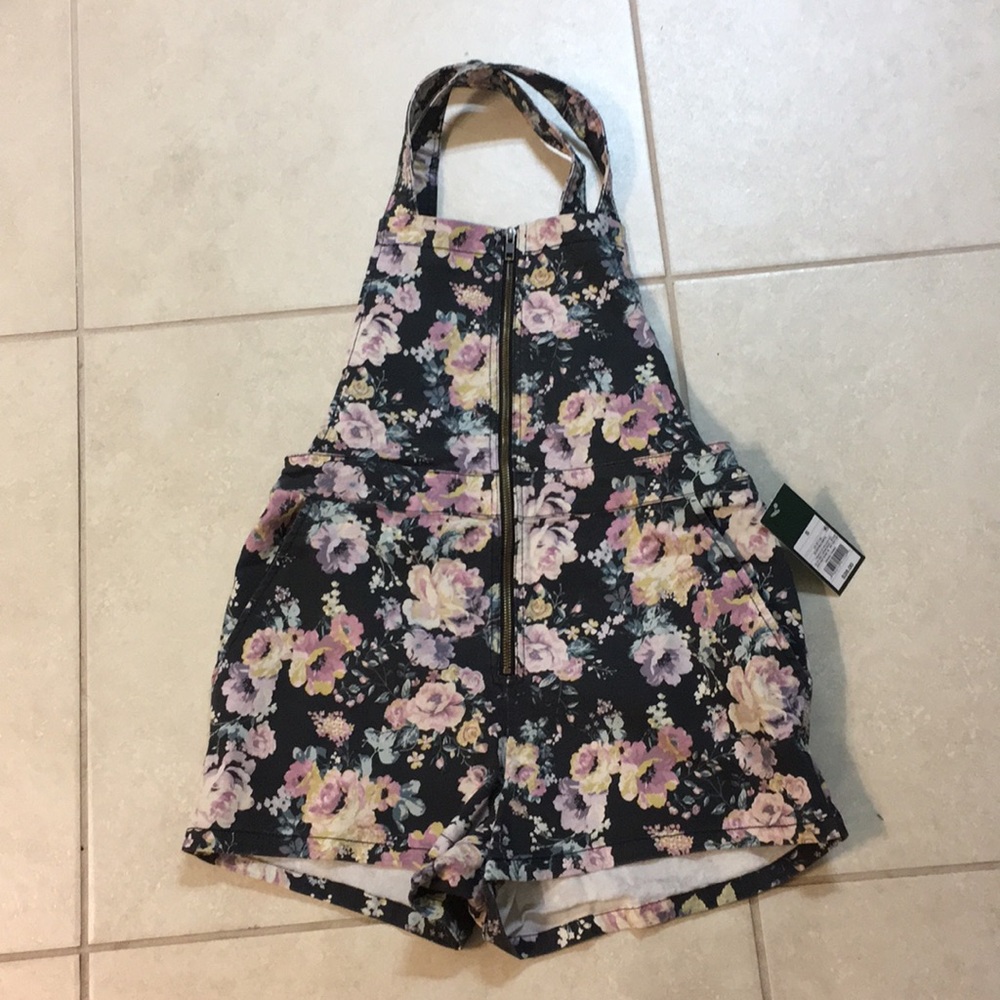 Black floral print shortalls